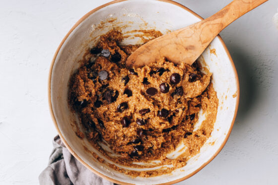 Chocolate chips added to the cookie dough mixture.