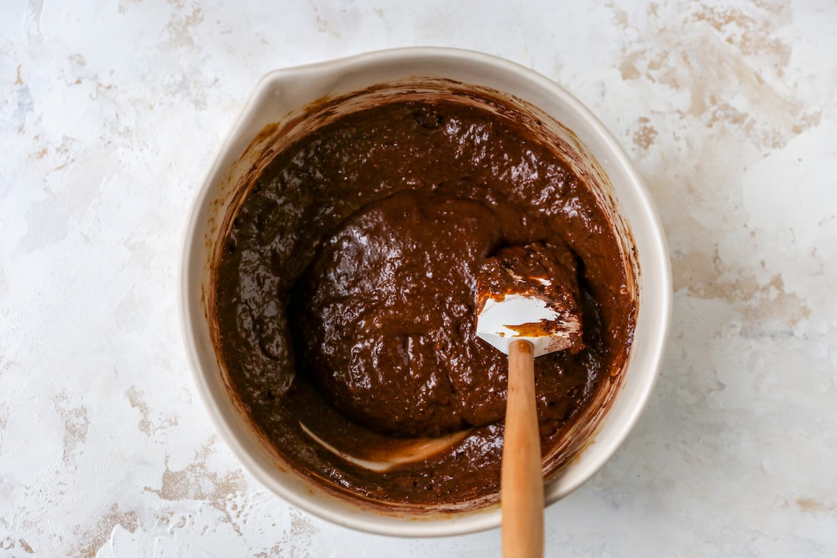The protein brownie batter mixed together with a spatula.