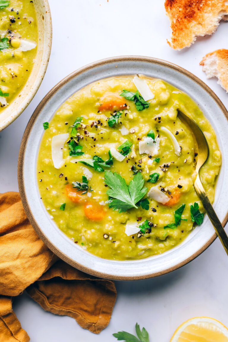 An overhead photo of a bowl of vegan split pea soup.