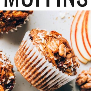 Morning glory muffins wrapped in paper liners.