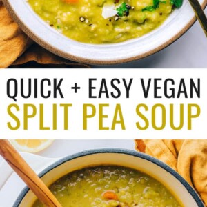 An overhead photo of a bowl of vegan split pea soup. Photo below is a dutch oven pot of split pea soup with tamari spooned in for flavor.
