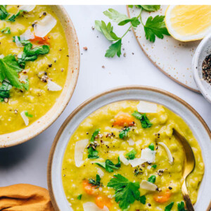 Two bowls of vegan split pea soup.