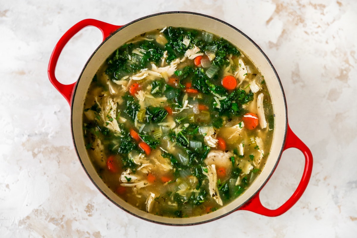A large red crockpot with a hearty lemon orzo chicken soup.