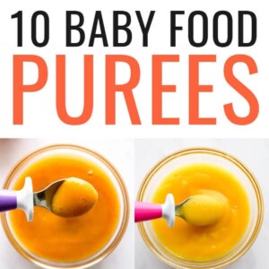 Collage of 10 different baby food purees in a jar with a spoon.