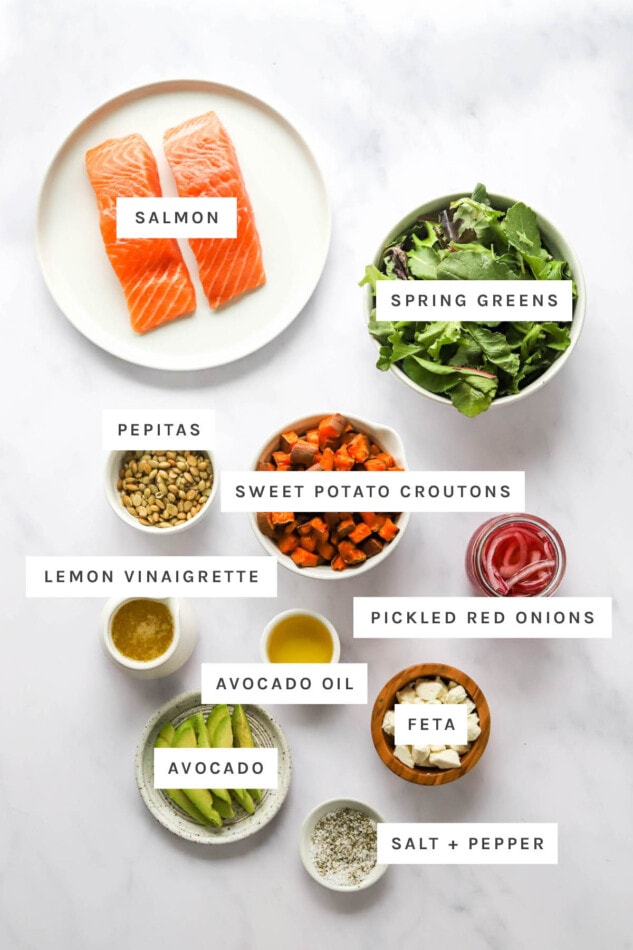 PIN THIS --> Seared Salmon Salad Ingredients measured out to make a superfood salmon salad: salmon, spring greens, pepitas, sweet potato croutons, lemon vinaigrette, pickled red onions, avocado oil, feta, avocado, salt and pepper.