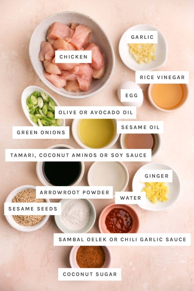Ingredients measured out to make sesame chicken: chicken, garlic, rice vinegar, egg, oil, sesame oil, green onions, tamari, ginger, arrowroot powder, water, sesame seeds, sambal oelek and coconut sugar.