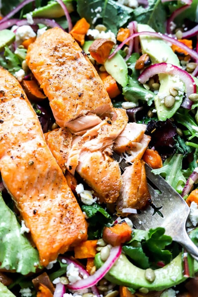 A closeup of two salmon filets over a superfood salad.