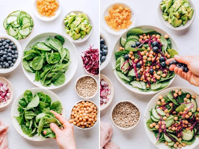 Antioxidant Power Salad with Blueberry Tahini Dressing #vegan #healthy #plantbased Photos showing how to assemble blueberry spinach salads by layering spinach on a plate and topping with veggies and berries.