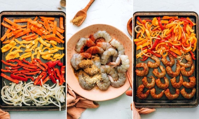 These sheet pan shrimp fajitas make for an easy weeknight meal with Mexican flavor. Simply bake your shrimp, peppers and onions together on one sheet, load up your tortillas and enjoy! Three photos: 1. onion and peppers on a sheet pan, 2. Shrimp with spices on them in a bowl, 3. Shrimp and the veggies on a sheet pan.