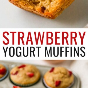 Bite shot photo of a strawberry muffin. Photo below is of strawberry muffins in a tin.