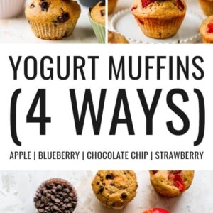 Photos of 4 different yogurt muffins: apple, blueberry, chocolate chip and strawberry.