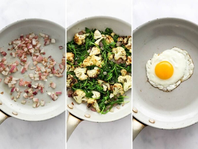 PIN THIS --> Breakfast Salad with Sautéed Greens and Two Fried Eggs Three photos: sautéed onions in a pan, sautéed greens and cauliflower in a pan, and finally a sunny-side-up egg in a pan.