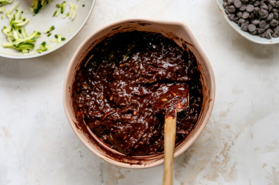 Brownie batter ingredients mixed together.
