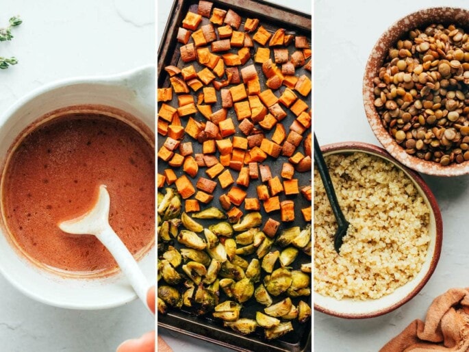 PIN THIS --> Meal Prep Salad Kale Sweet Potato Lentil Salad Three photos collaged together: bowl and spoon with homemade red wine vinaigrette, roasted brussels sprouts and sweet potatoes on a sheet pan, and two bowls with quinoa and lentils.