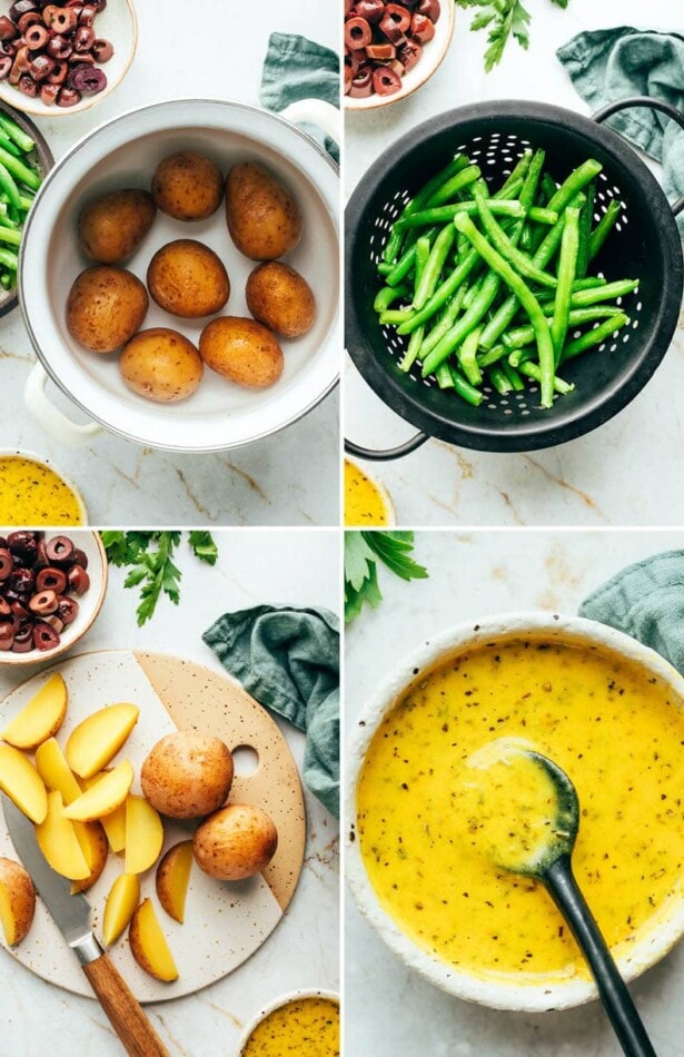 PIN THIS --> Meal Prep Nicoise Salad Collage of four photos: potatoes in a pot, green beans in a steamer, chopped potatoes on a cutting board, and lemon vinaigrette in a bowl.