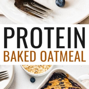 A slice of protein baked oatmeal on a plate with a fork. Photo below is of the pan of protein baked oatmeal.
