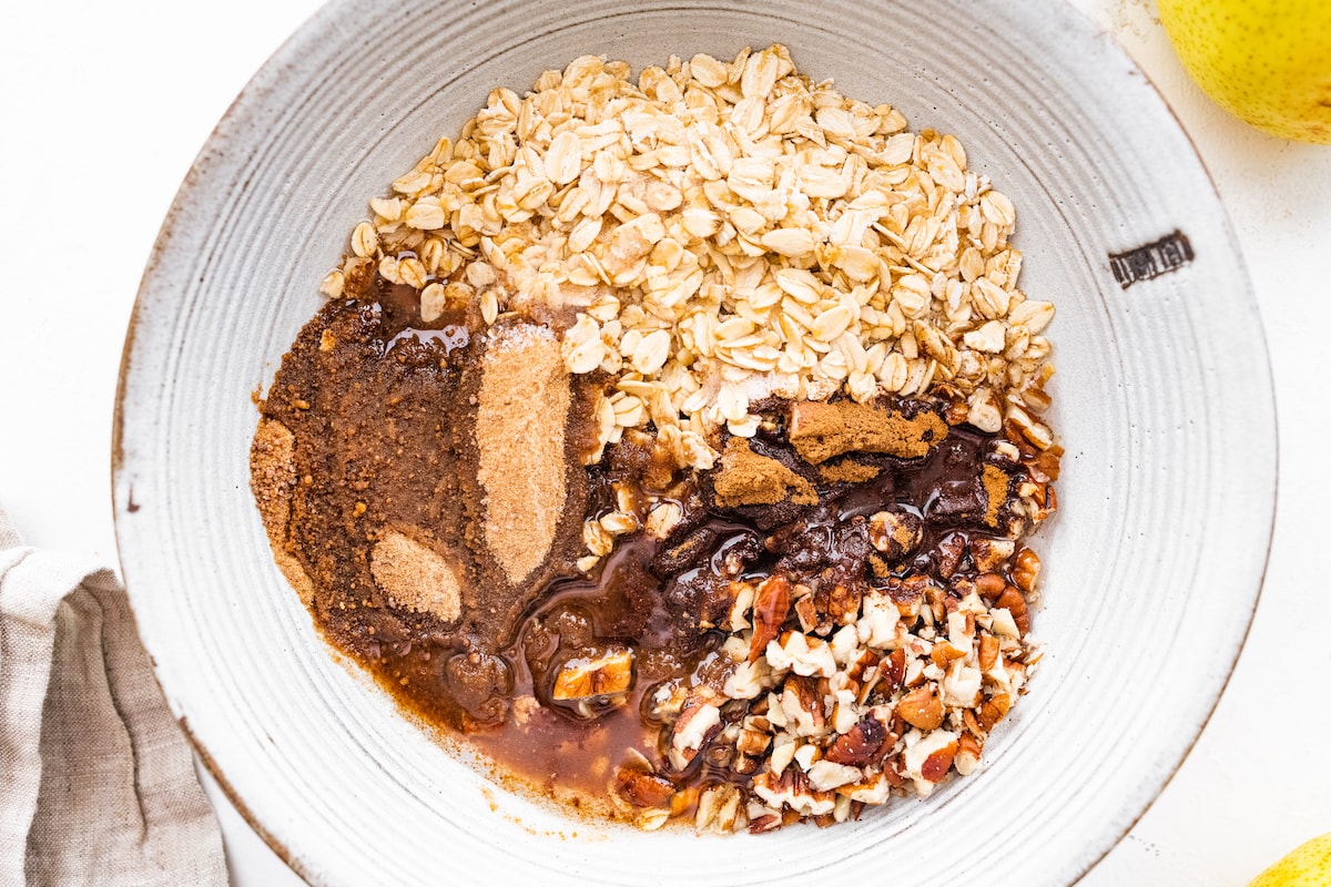 Ingredients for baked pear mixture in a bowl.