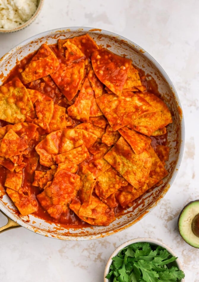 Chilaquiles in a pan.