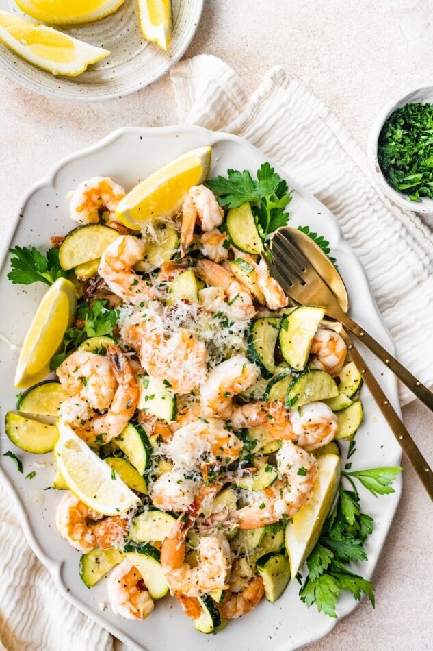 Shrimp scampi on a serving platter.