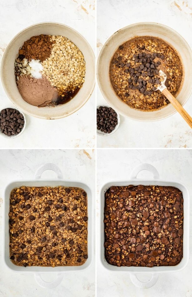 Collage of flour photos showing the process to make Cauliflower Brownie Baked Oatmeal: stirring the oatmeal ingredients together and then baking the oatmeal in a dish.