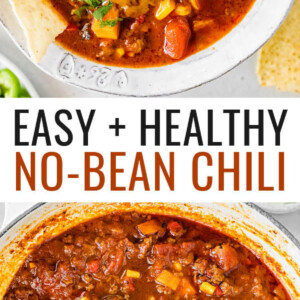 A bowl of no bean chili topped with cheese, jalapeños, avocado, sour cream and chips. Photo below is of the chili in a dutch oven pot.