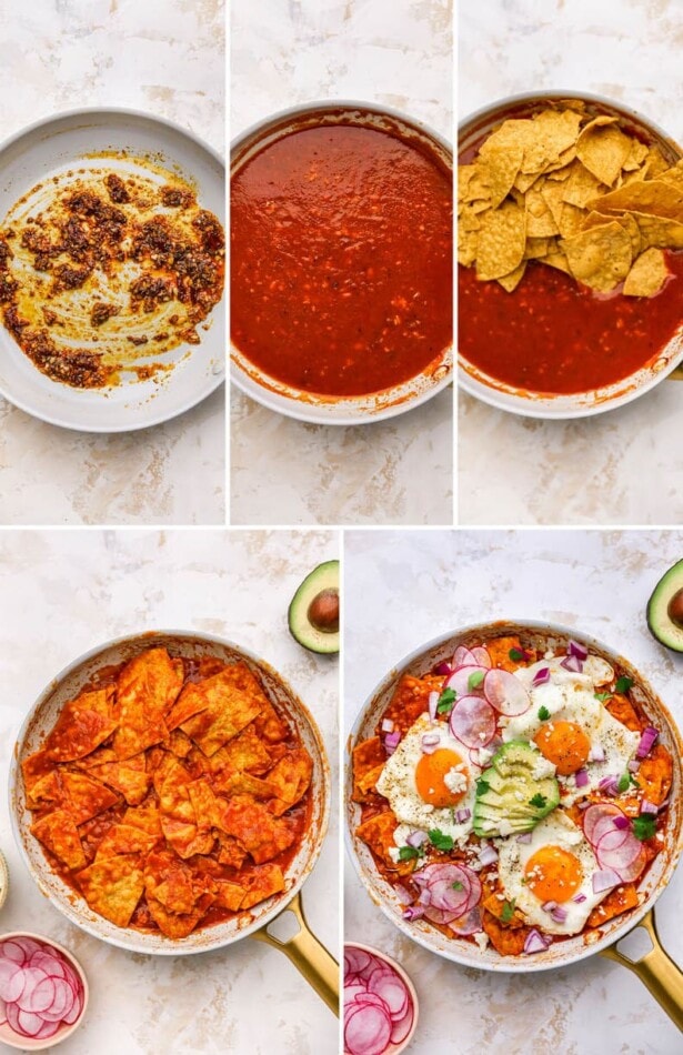 Collage of five photos showing how to make Red Chilaquiles. Making the red sauce, stirring in the tortilla chips and then topping with eggs and veggies.