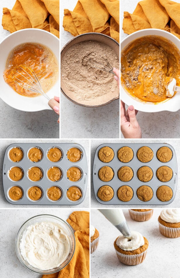 Collage of 7 photos showing making batter for sweet potato muffins, baking the muffins and then topping with cream cheese frosting.