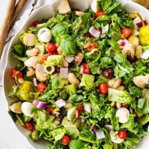 Antipasto salad in a large serving bowl.