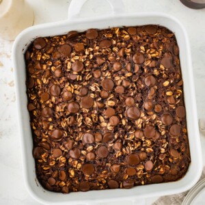 A baking dish containing cauliflower brownie baked oatmeal.
