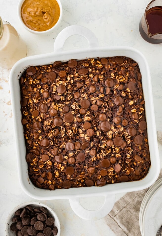 A baking dish containing cauliflower brownie baked oatmeal.