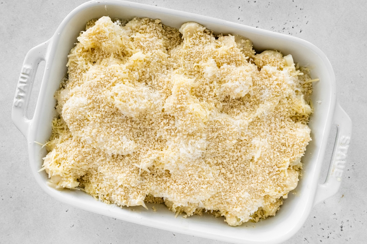 Extra shredded cheese and breadcrumbs sprinkled over top of cheese and cauliflower.