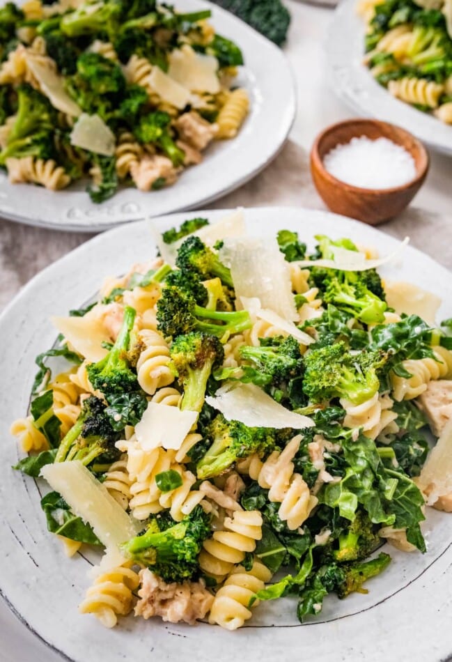 A serving of pasta salad with broccoli, tuna, kale, and parmesan on a plate.