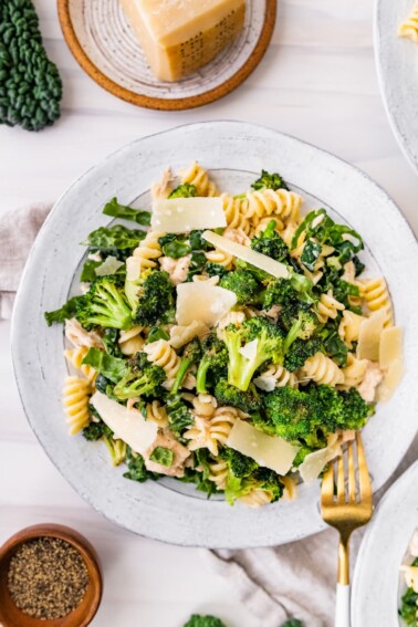 A large plate with a serving of pasta, kale, broccoli, tuna, and shaved parmesan.