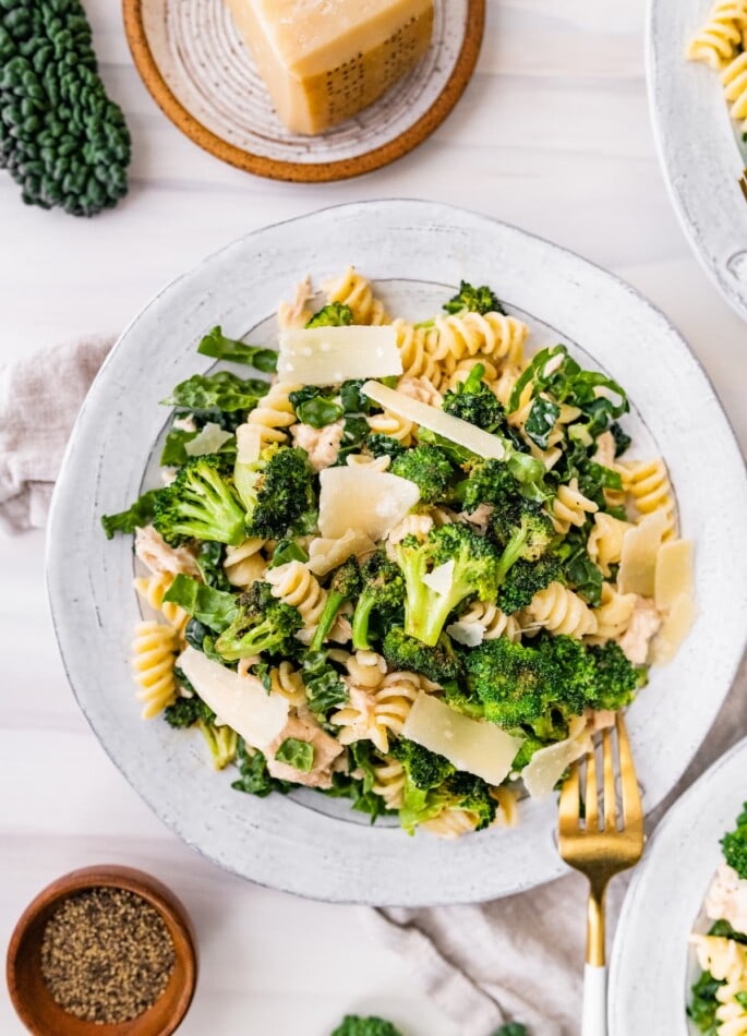 A large plate with a serving of pasta, kale, broccoli, tuna, and shaved parmesan.