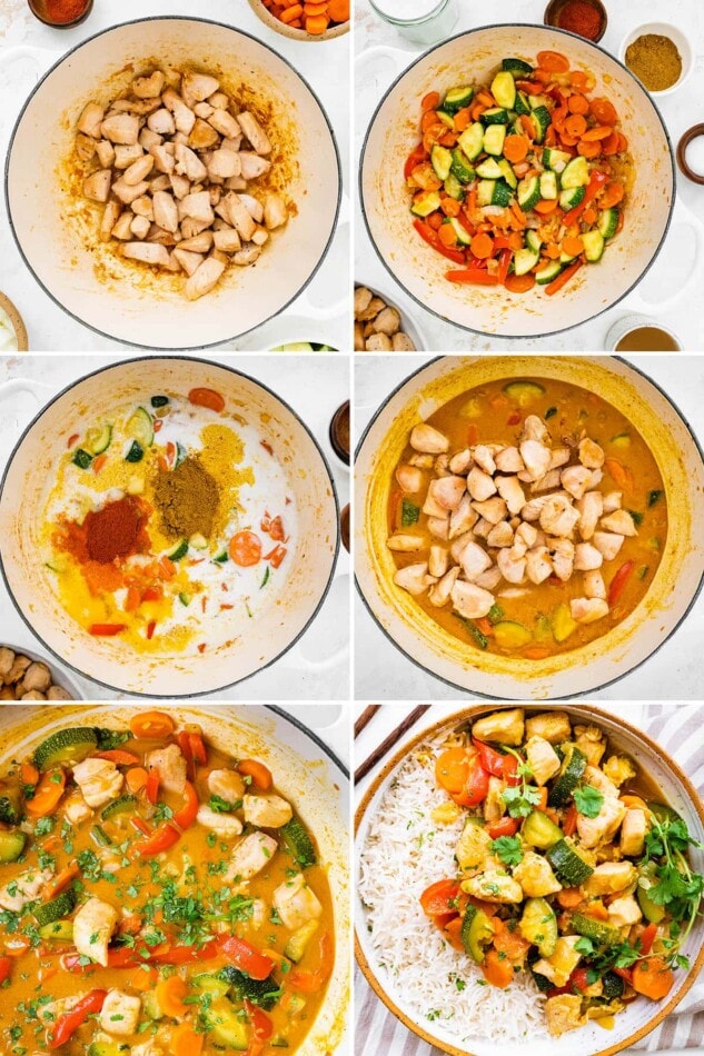 Collage of six photos showing the steps to make Chicken Curry.