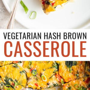 Slice of hash brown casserole on a plate. Photo below is a spatula taking a square cut from the casserole dish.