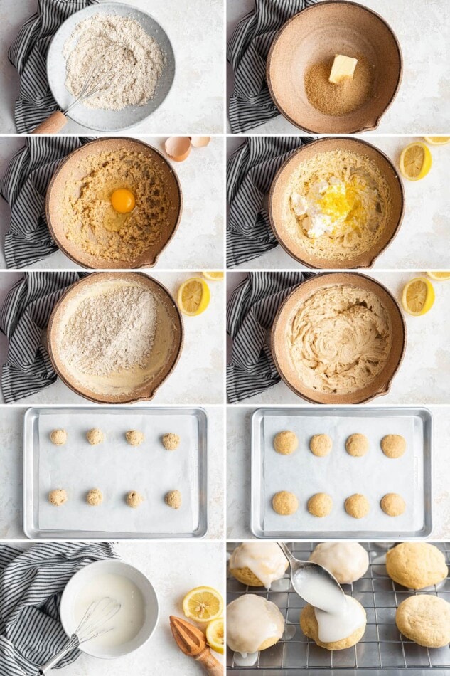 Collage of 10 photos showing the steps to make lemon ricotta cookies.
