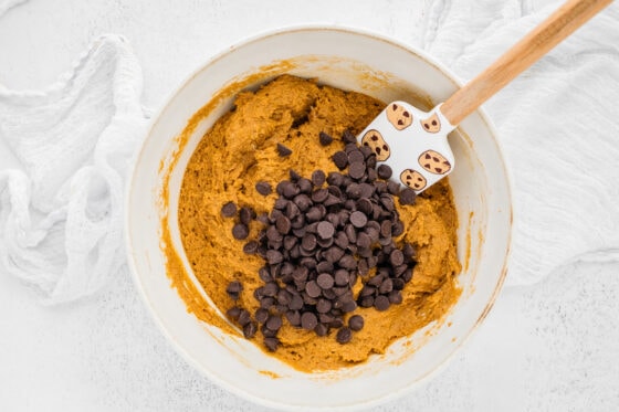Pumpkin bar batter with chocolate chips added.