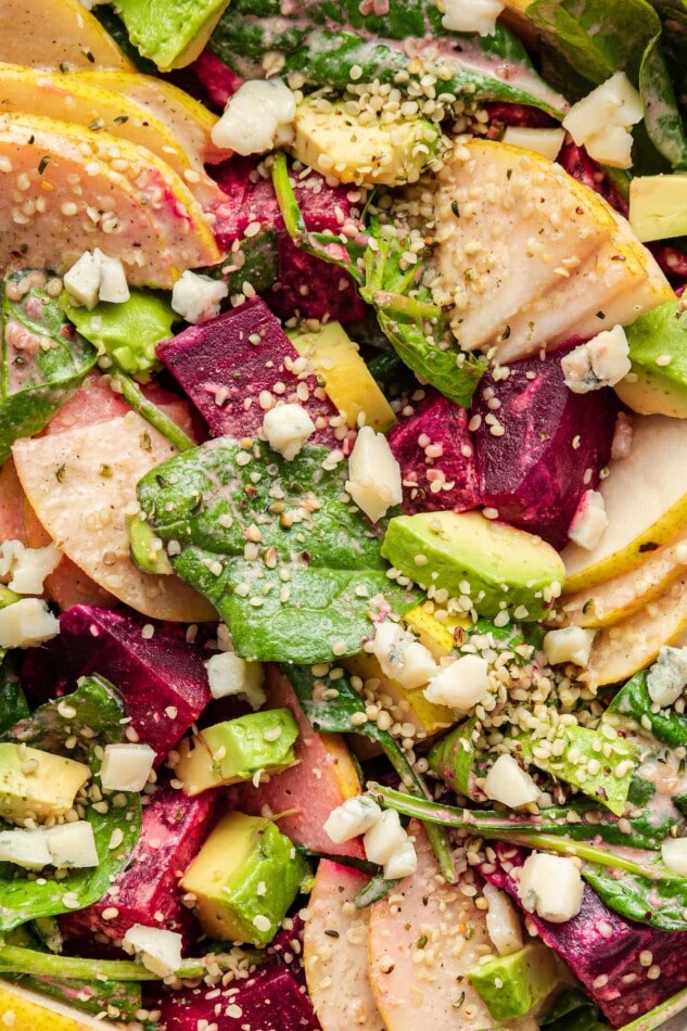 Close up of pear and beet salad.