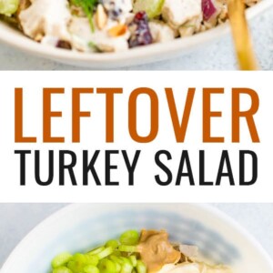 Bowl with leftover turkey salad. Photo below is of dill, celery, onions, almonds, cranberries, turkey and creamy dressing in a bowl before tossing the salad.