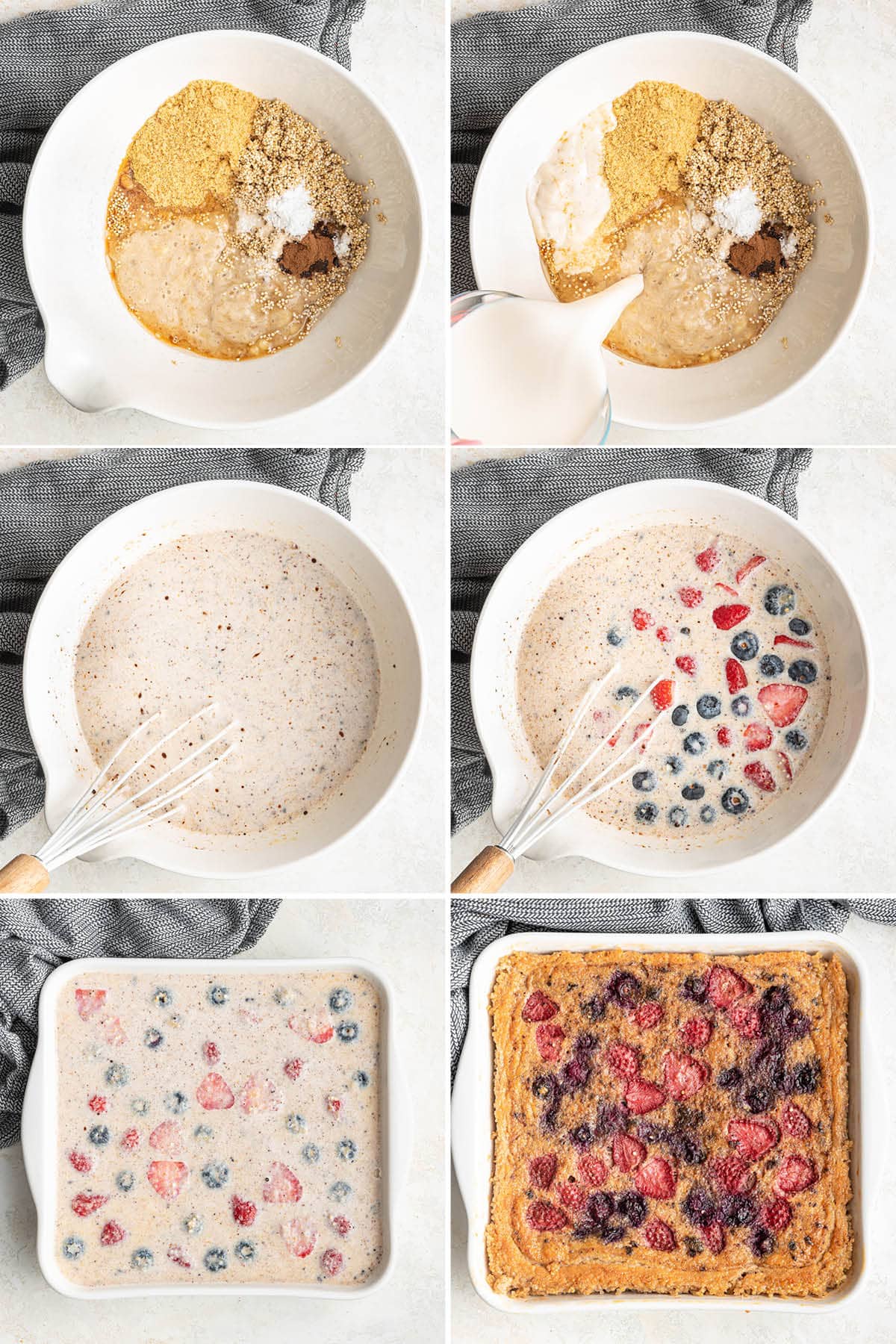 Collage of 6 photos showing how to make Quinoa Breakfast Bake.