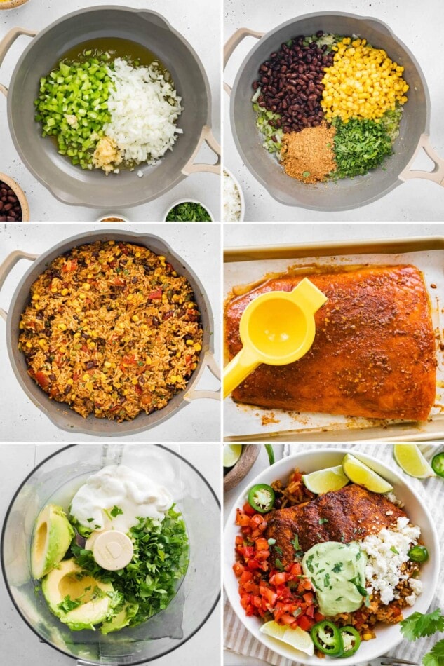 Collage of six photos showing the steps to make Salmon Burrito Bowl: making homemade Mexican rice, baking salmon, making avocado crema and then putting the bowl together with toppings.