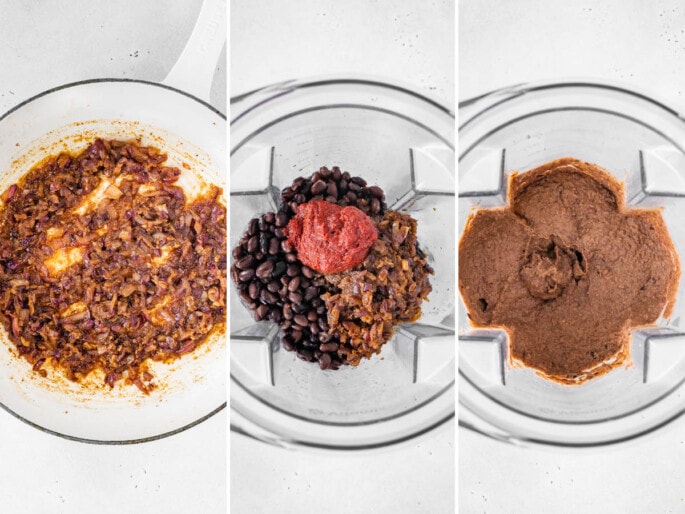 Three photos showing the steps to make Easy Black Bean Dip: cooking onion with spices and then blending with the beans and tomato paste.