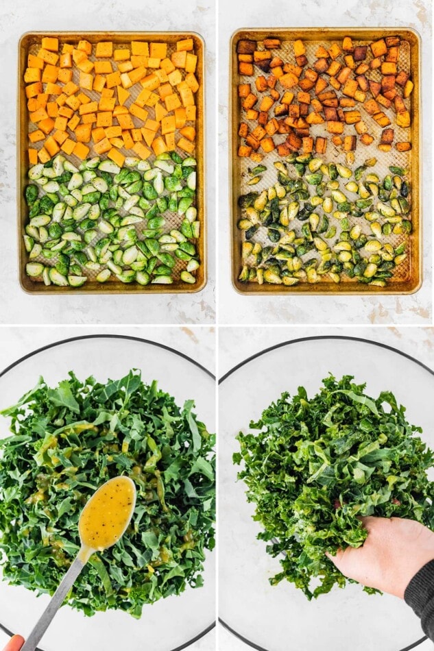 Collage of four photos. Two are of before and after roasting brussels sprouts and butternut squash. Two photos are of a vinaigrette being drizzled on kale and massaged.
