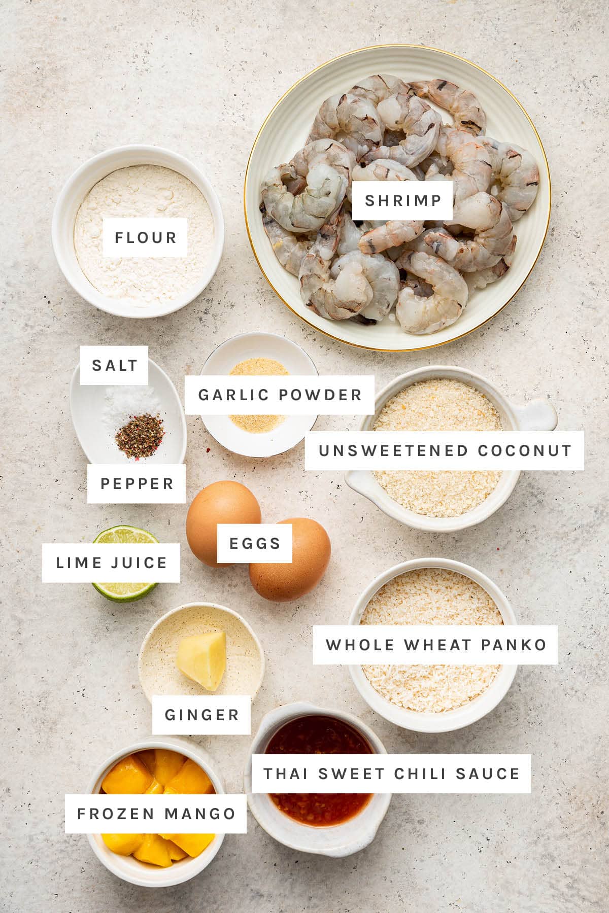 Ingredients measured out to make Healthy Coconut Shrimp: shrimp, flour, salt, pepper, garlic powder, unsweetened coconut, eggs, lime juice, ginger, whole wheat panko, frozen mango and Thai sweet chili sauce.