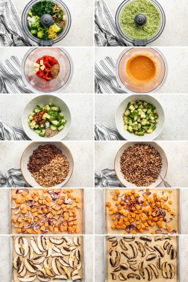 Photos showing the process to make broccoli pesto, red pepper miso vinaigrette, cucumber relish, super grains and roasted vegetrables.