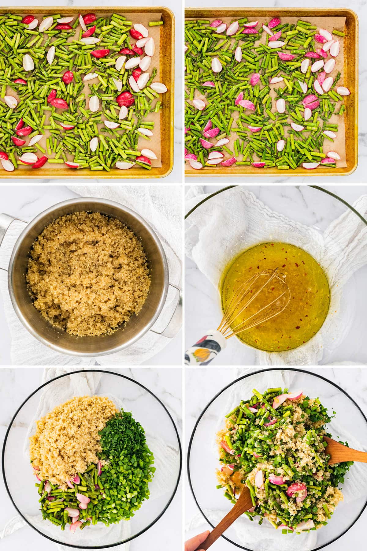 Spring quinoa salad with roasted asparagus and radishes Collage of six photos showing the steps to make Spring Quinoa Salad: roasting asparagus and radishes, cooking quinoa making the dressing and then tossing all the salad ingredients together.