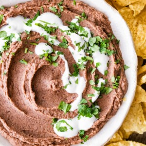 A bowl of black bean dip surrounded by tortilla chips.