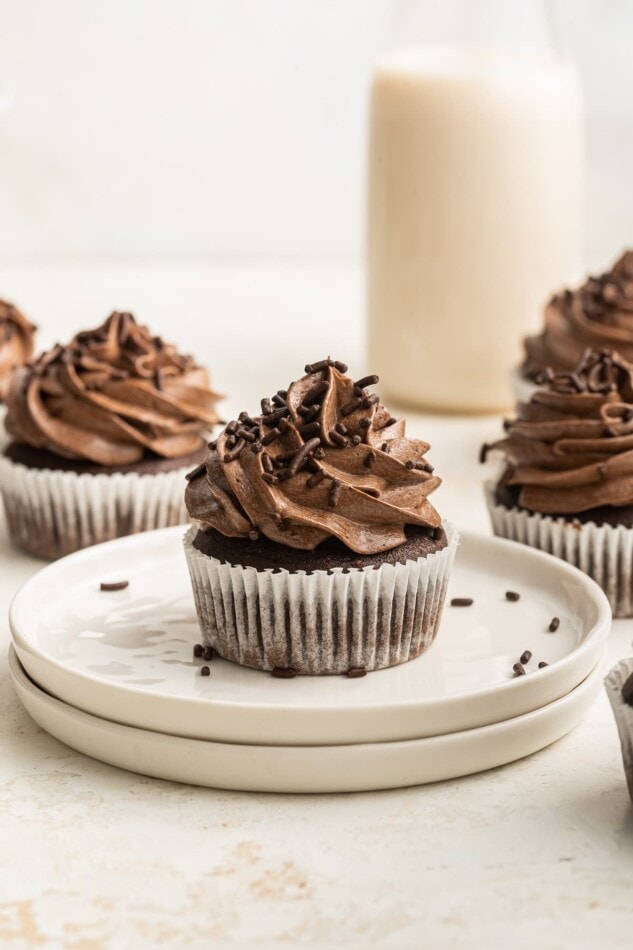 A chocolate cupcake on a plate.