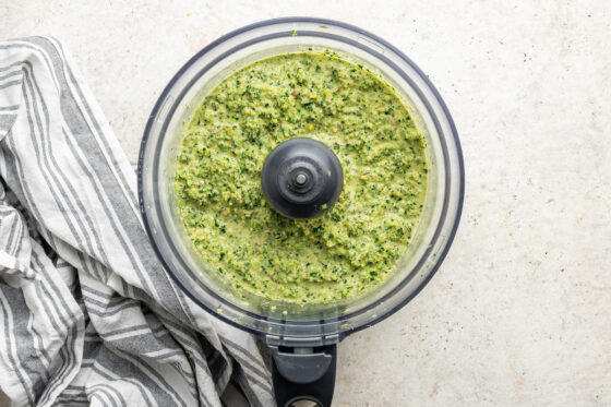 Broccoli pesto in a food processor.